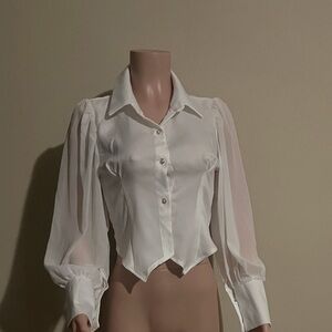 Elegant White Sheer Sleeve Blouse. Size S. New!